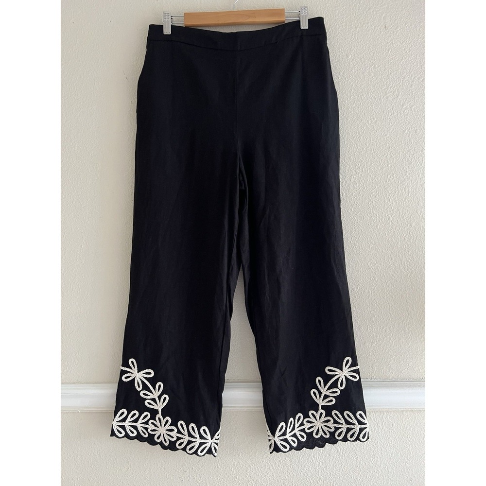 Maison d'Amelie Embroidered Black Wide Leg Pants Sz 10 Linen Bld Vacation Beach
